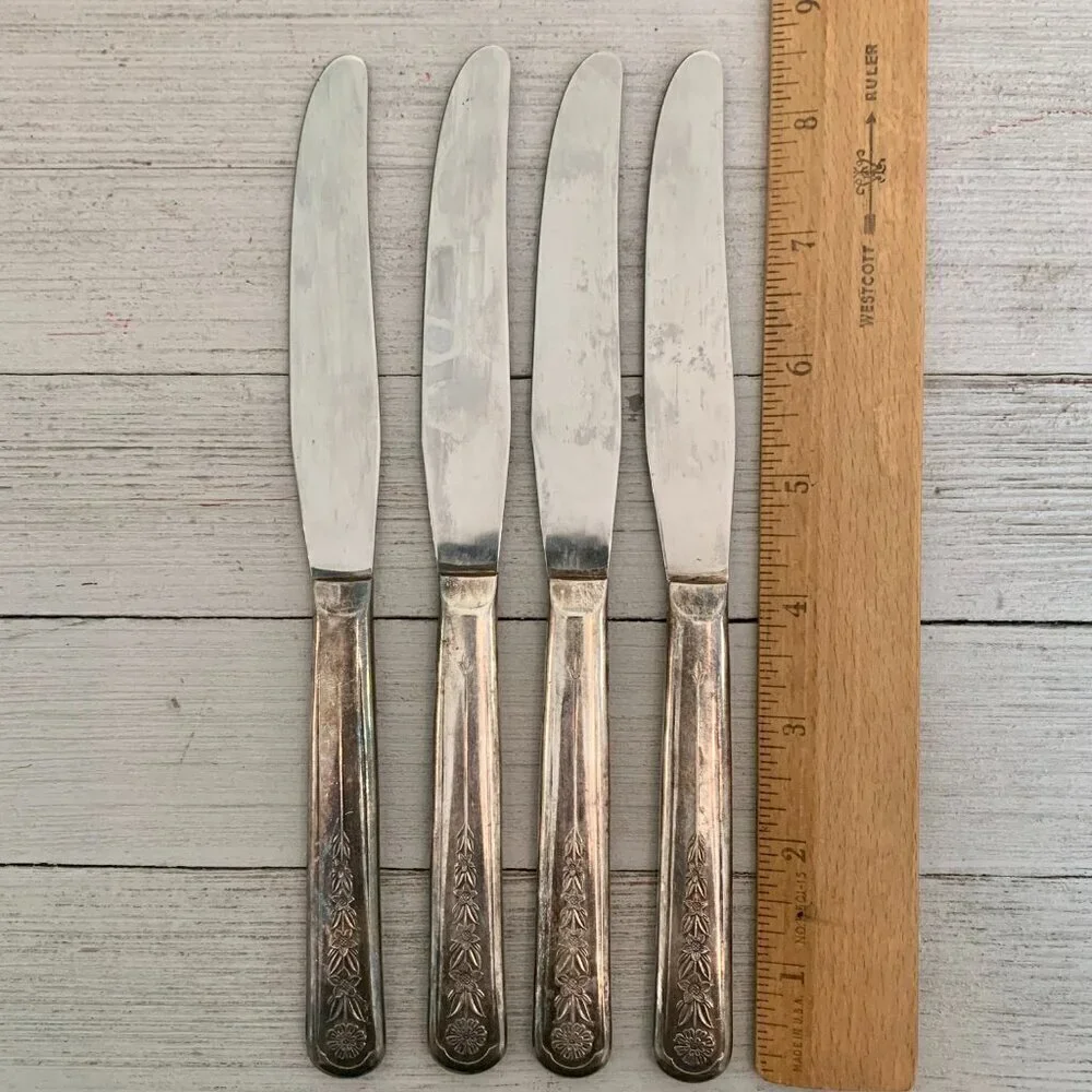 4 Meriden Silverplate Delight Knives Dinner Knife Floral Vintage 50s HTF Set 8.5